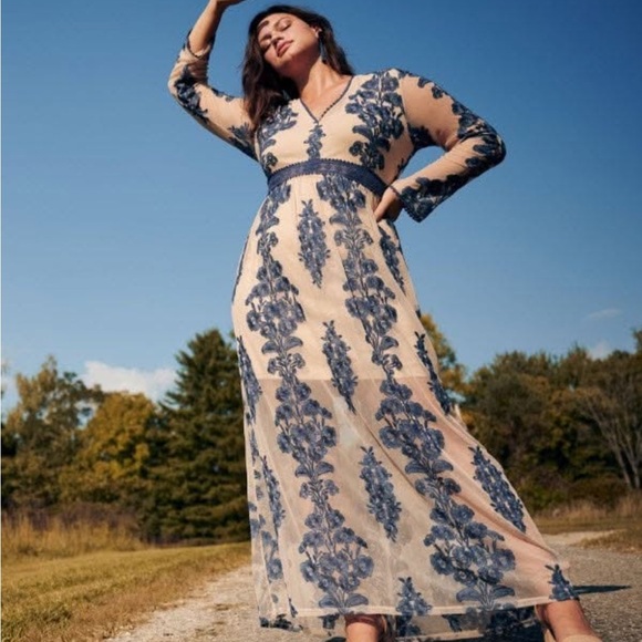 Arula “Norrie P” Embroidered Mesh Maxi Dress | Blue Floral Fall Dress Size B - Picture 1 of 11